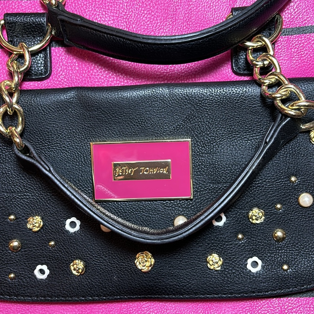 Betsey Johnson Studs and Flowers Black Hot Pink Striped Bag 11.5”Wx10”Hx5.75”D - Picture 15 of 17
